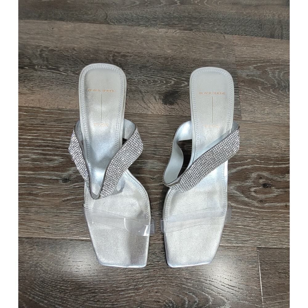 Black Suede Studio Women's Heels Sandal Silver Crystal Clear Double Strap 8.5 #7